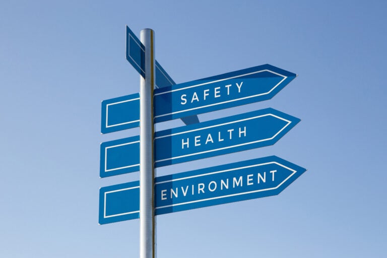 Safety, health, environment on signpost on blue sky. Healthy lifestyle concept