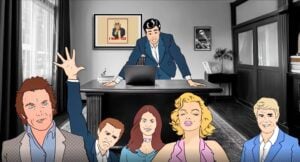 Illustration pop-art représentant un manager débordé à son bureau, observé par des collaborateurs au style exagéré, symbolisant la pression d’un recrutement sans collaboration.