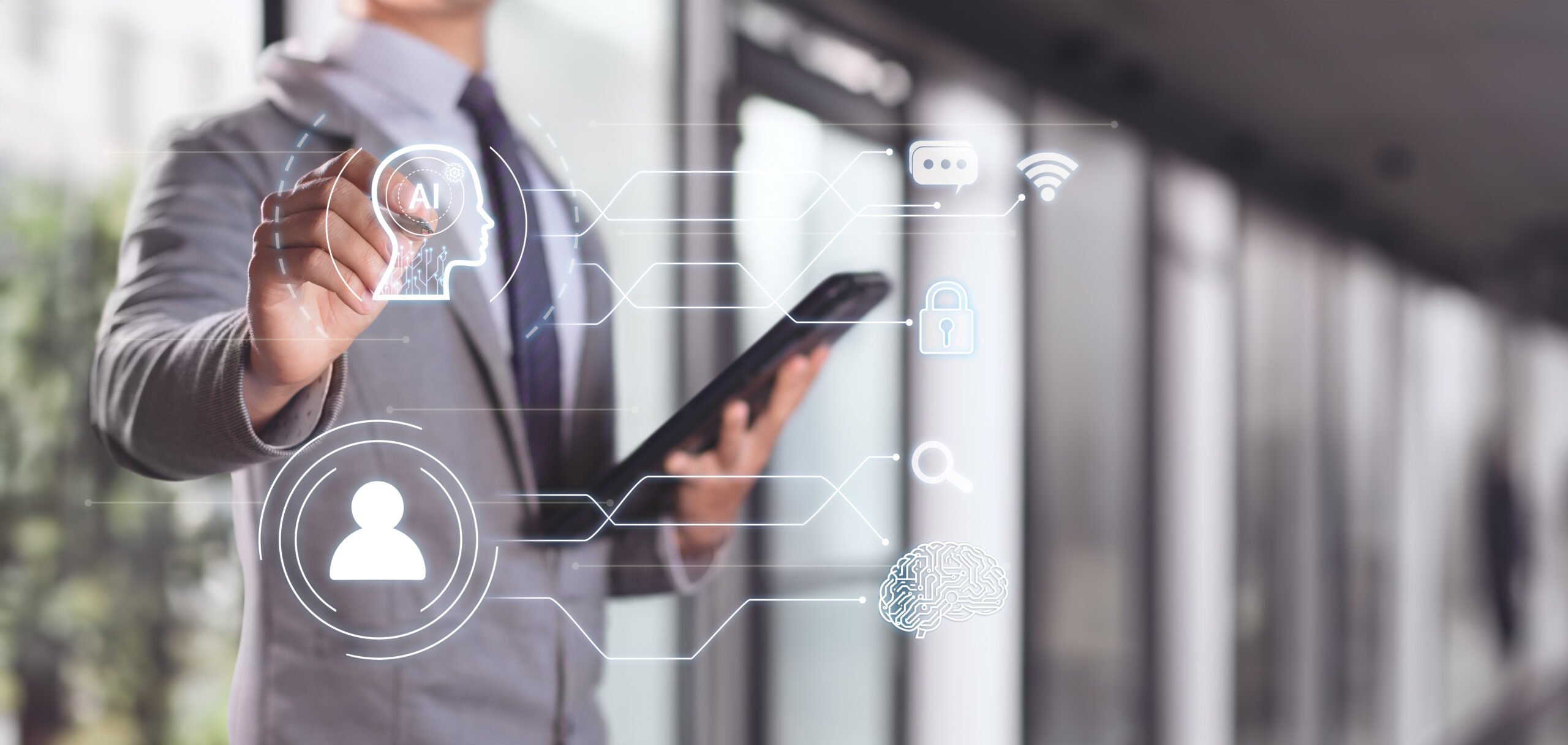 Businessman qui travaille avec une IA en virtualité augmentée