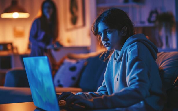 Personne concentrée devant un ordinateur portable dans la pénombre