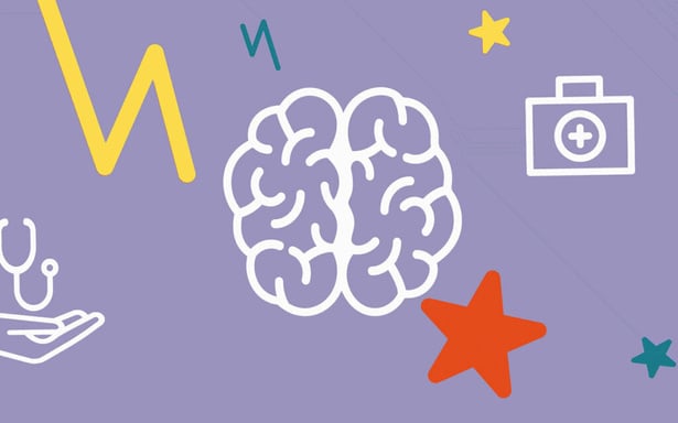 Illustration d'un cerveau et de pictogrammes sur fond violet